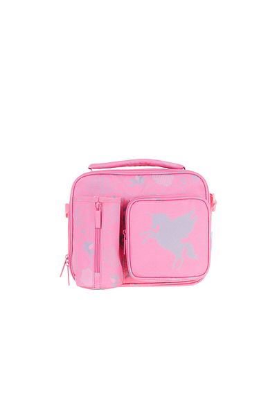 KAUKKO Girl's Pink Cloud Patterned Thermal Insulated Three Compartments (Water Bottle Pocket) School Lunchbox L7218