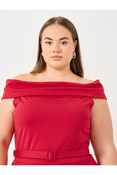 Styli Plus Red Off Shoulder Maxi Dress with Belt