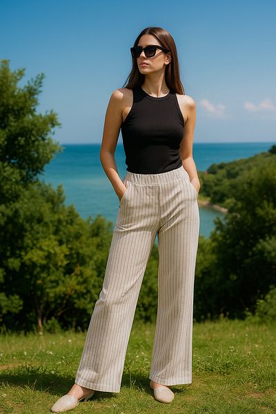 Rich Women's Striped High Waist Elastic Side Pocket Woven Pants