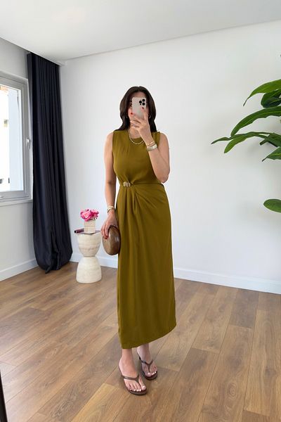BİRCANÇİL Sita Olive Buckle Detailed Maxi Dress