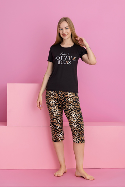 rindahomewear طقم بيجامة نسائي بأكمام قصيرة بنقشة الفهد