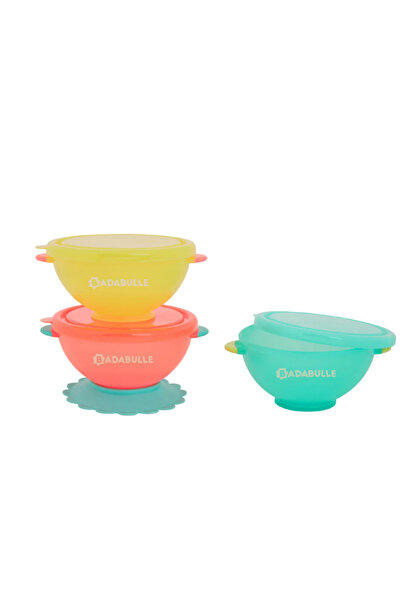 Badabulle - Set de 3 boluri colorate pentru mâncare, cu suport inclus