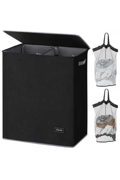 Elindor Foldable Laundry Basket, with Lid, 145 L, 57 x 38 x 67 cm, Oxford Mat...