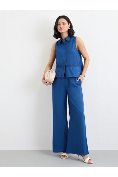 Styli Navy Blue Linen Look Top and Wide Leg Pants Co-Ords