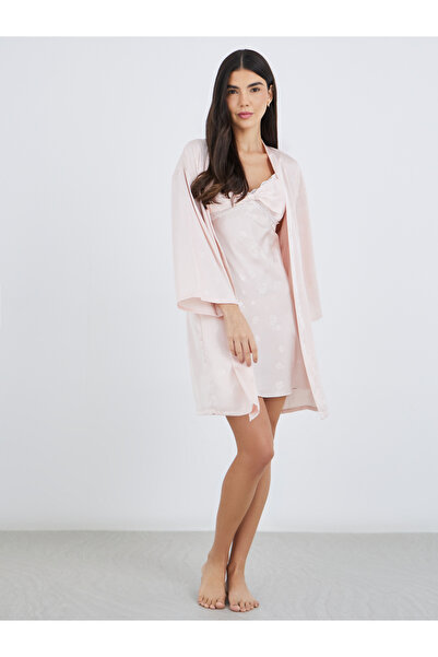 Styli Pack of 2 - Satin Jacquard Bow Front Slip Dress and Robe