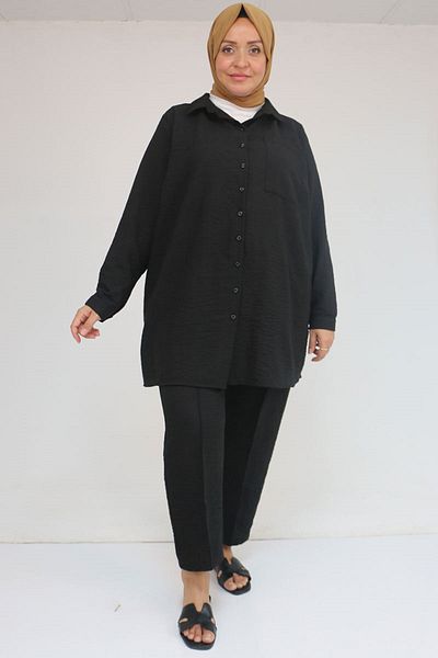 Eslina 57049 Plus Size Men's Collared Trousers Suit - Black