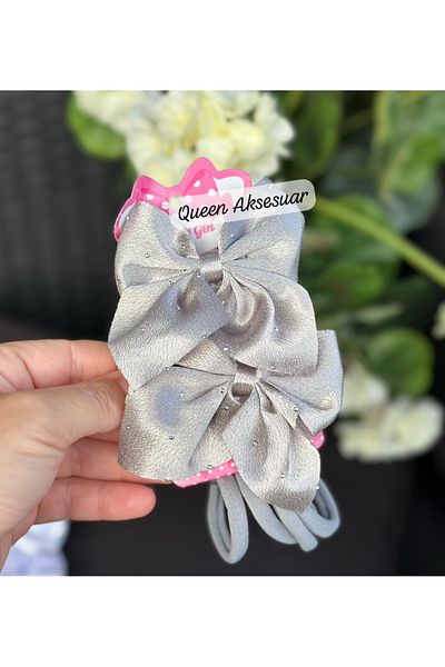 QUEEN AKSESUAR Luxury Stoned Satin Clip 2-Piece Bow Buckle 4-Piece Rubber Towel Buckle Set Gray