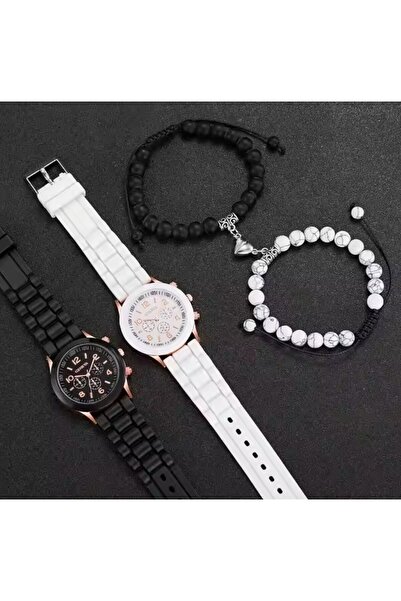 REDz Accessories Watches for Him and Her, Elegant Design, Analog Quartz, Set of 4 Pieces, Black White