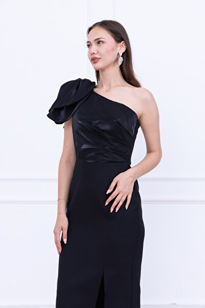 BEYBOS Atlas Kumaş Omuz Organze Detaylı Kalem Elbise - SİYAH