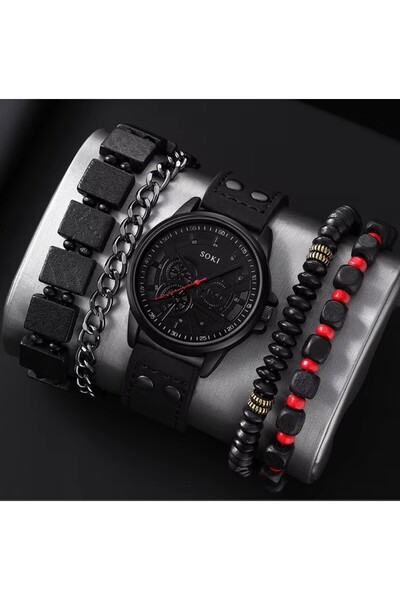 REDz Accessories Set de accesorii bărbătești, ceas cu cuarț negru + 4 brățări...