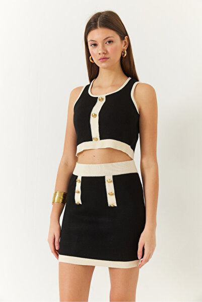 Bianco Lucci Women's Button Detailed Strap Mini Skirt Bottom-Top Set 20235080