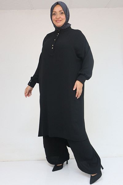 Eslina 57029 Plus Size Half Placket Slit Pants Suit - Black