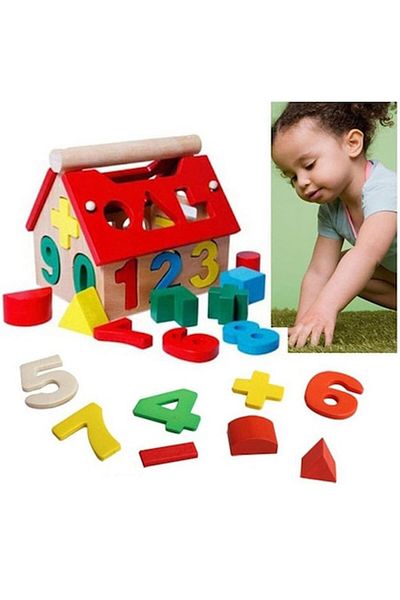 idei Sorting box with numbers and geometric shapes, wood, 14x10x10 cm