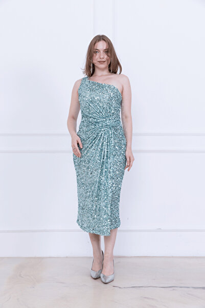 BEYBOS Payet Kumaş Tek Kol Kalem Elbise - MİNT YEŞİLİ