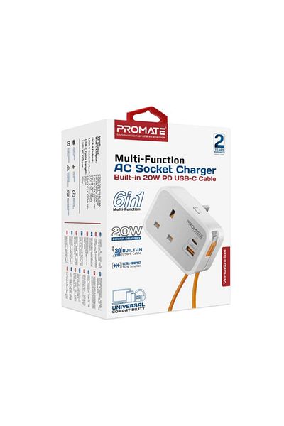Promate Multi-Function AC Socket Charger with Built-In 20W PD USB-C Cable