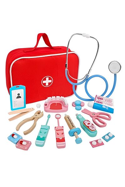 PROCART Children's dentist doctor kit, wooden set with multiple accessories, zipper bag