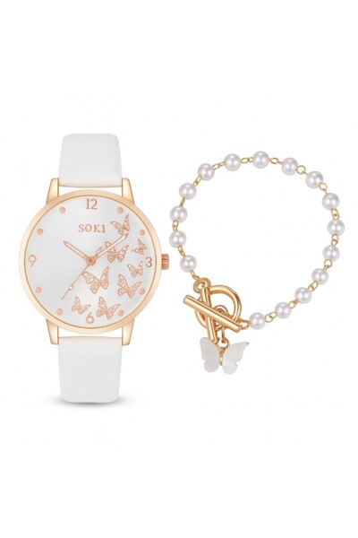 REDz Accessories White Watch With Butterfly Dial and Pearl Bracelet, Butterfly, Stylish Accessories Set For Women