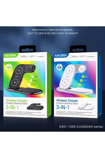 REDz Accessories Încărcător wireless 3 în 1, KSC-1358, suport pliabil, 15W, alb