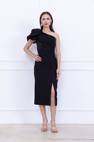 BEYBOS Atlas Kumaş Omuz Organze Detaylı Kalem Elbise - SİYAH