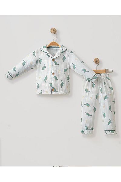 ENİA BABY 100% Cotton Double Breasted Collar Front Buttoned Seasonal Baby Pajama Set Newborn Muslin Fabric