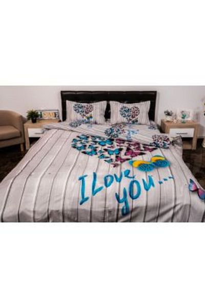 Ralex Double Bed Linen 4 Pieces 220 x 230 cm Digital Print 3D, White/Blue Heart Butterfly Love Pucioasa