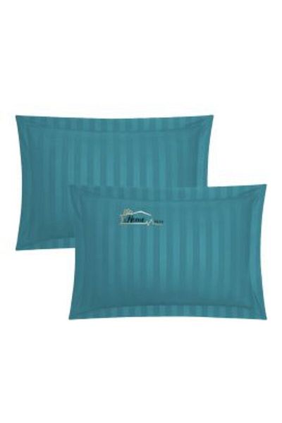 HomePuls Set 2 Pillowcases 50 x 70 cm Damask Cotton 100% Stripe 1 cm with 3.5 cm Border, Turquoise