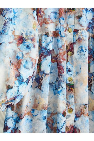 Modamorfo Half Button Mixed Pattern Sleeve Elastic Dress -Ice Blue
