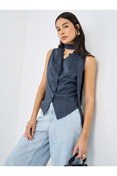 Styli سترة بدون أكمام بأزرار وتفاصيل دانتيل