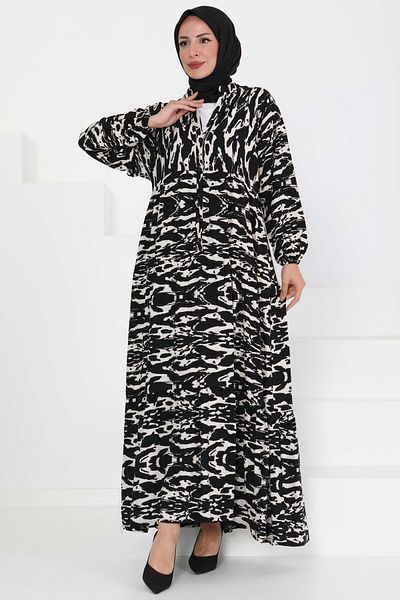 TOFİSA Buttoned Patterned Dress Black - 27425