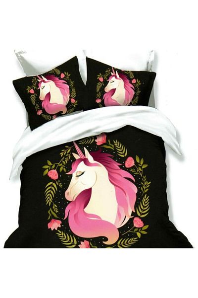 Ralex Double Bed Linen Cotton Finet 3D 6 Pieces 220 x 240 cm, Unicorn, Pink Black, Pucioasa