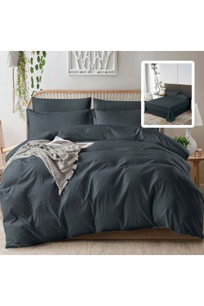 Ralex Double Bed Linen Creponată UNI 6 Pieces, Black, Pucioasa