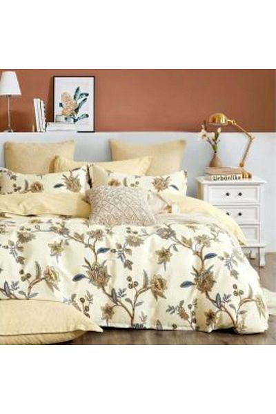 Ralex Double King Size Bedding Set Percale Printed 100% Cotton, 6 Pieces - Elegant Beige/Yellow, Pucioasa
