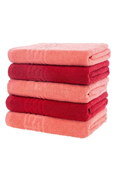 OEM Set of 5 face towels, Cotton, Bicolor, Greek Border, 500g/m², 50x90cm, Coral-Red