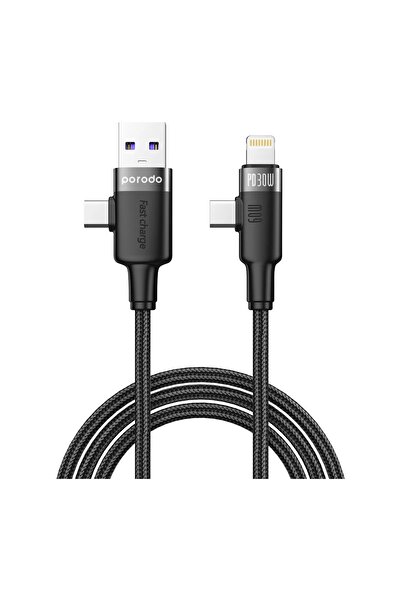 porodo كابل شحن سريع مضفر 60 وات USB-A/Type C إلى C/C-L بطول 1 متر