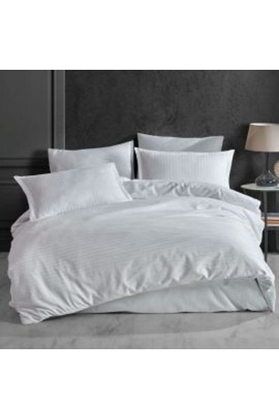 HomePuls Double Bed Linen Damask 100% Cotton Hotel Type, Stripe 1 cm, 4 Pieces, Bed Sheet 220 x 240 cm, Duvet