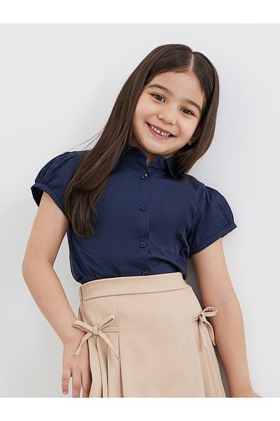 Styli Girls Navy Blue Cotton Puff Sleeves Shirt