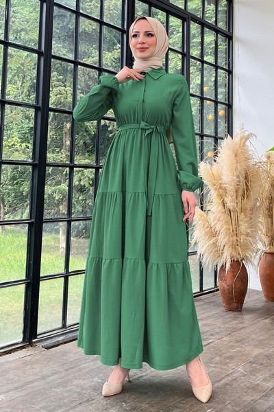 TOFİSA Kuşaklı Kat Kat Elbise Haki - 27345