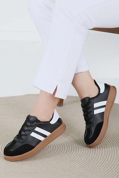 TOFİSA Women's Black White Suede Detailed Shoes - 27480