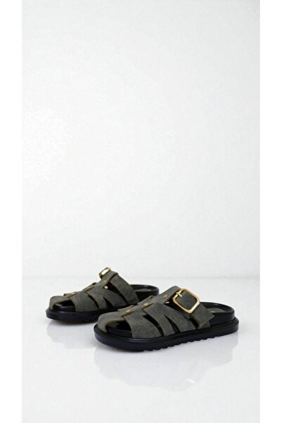 adelix Women's Suede Closed Strap Gold Detailed Slippers Green