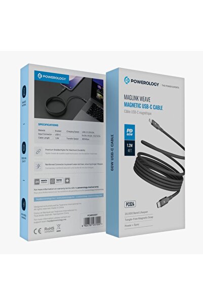 Powerology 60W USB-C to USB-C Magnetic V2.0 Metal Plug Nylon Braided Cable 1.2 Meter