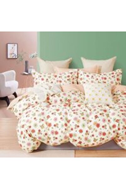 Ralex Lenjerie de pat dublă King Size, cu imprimeu percalle, 100% bumbac, 6 piese, frunze bej/albastre, Pucioasa