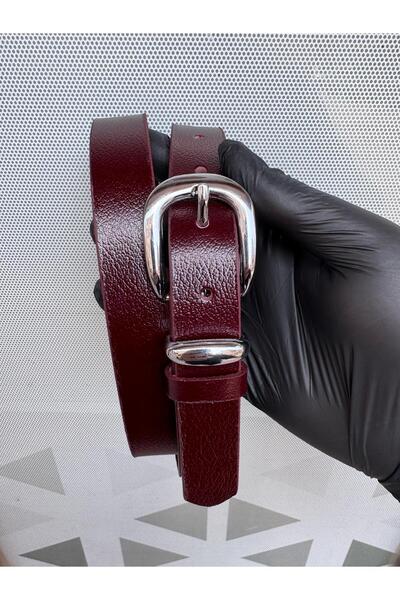 Kemerix 100% Genuine Leather Burgundy Women's Belt with Silver Buckle