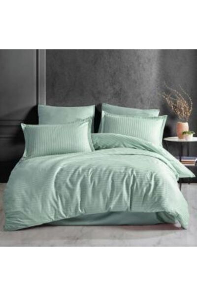 HomePuls Bed Linen Set with Elastic Sheet Damask Cotton 100% Hotel Type, 1 cm Stripe, 3 Pieces, for Mattress