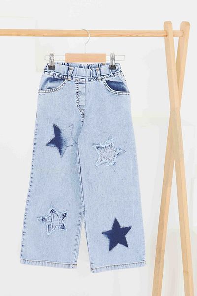 TOFİSA Girl's Ice Blue Star Denim Trousers - 27457