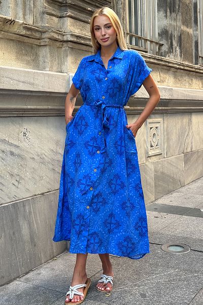 VAGGON Women's Saks Patterned Belted Button Camapal Shirt Collar Midi Dress Vs00369