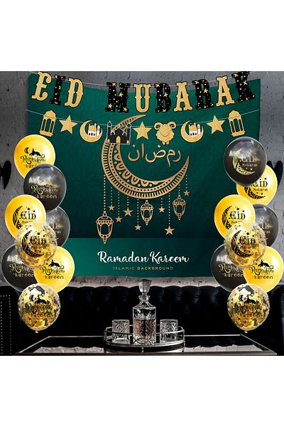 COOYA Balloon Kit,100Pcs Black&Gold Ramadan Mubarak Decor,EID Balloon and Flag Party Decoration Set