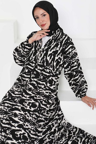 TOFİSA Buttoned Patterned Dress Black - 27425