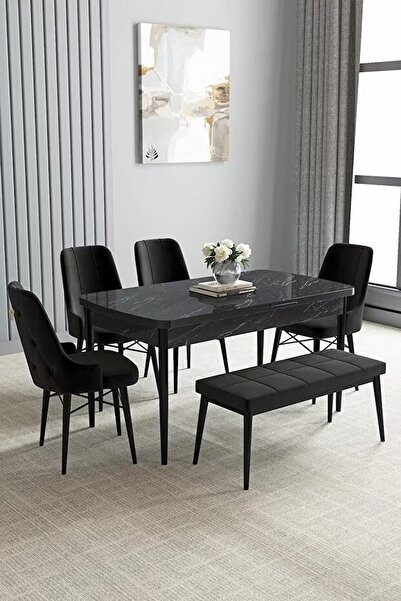 asaella mobilya Loft Siyah Mermer 80x132 Açılabilir Mdf Masa Yemek Odası Takı...