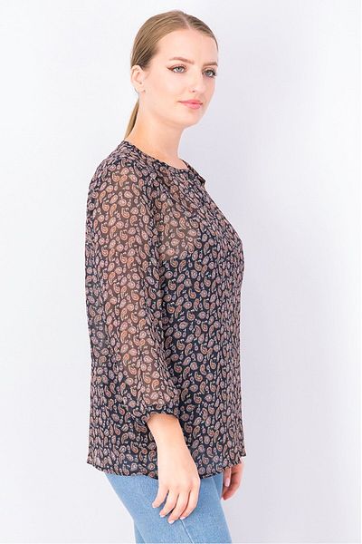 Esprit بلوزة نسائية مطبوعة بالكامل بأكمام طويلة ورقبة دائرية، لون أزرق داكن