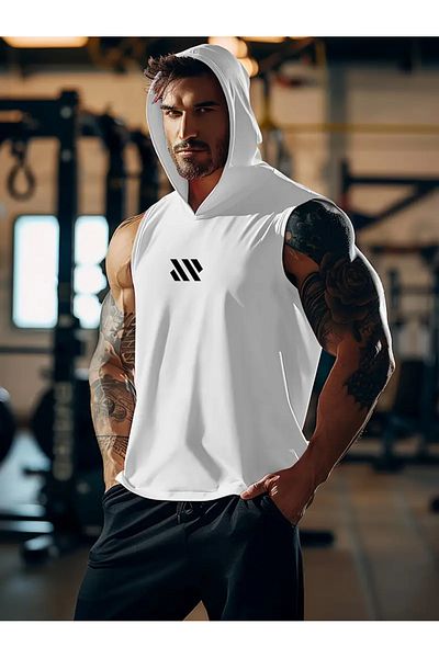 ACTIVE MODA Men's White Hooded Undershirt Cotton Sleeveless Sportsman T-Shirt 1886 Los Angeles